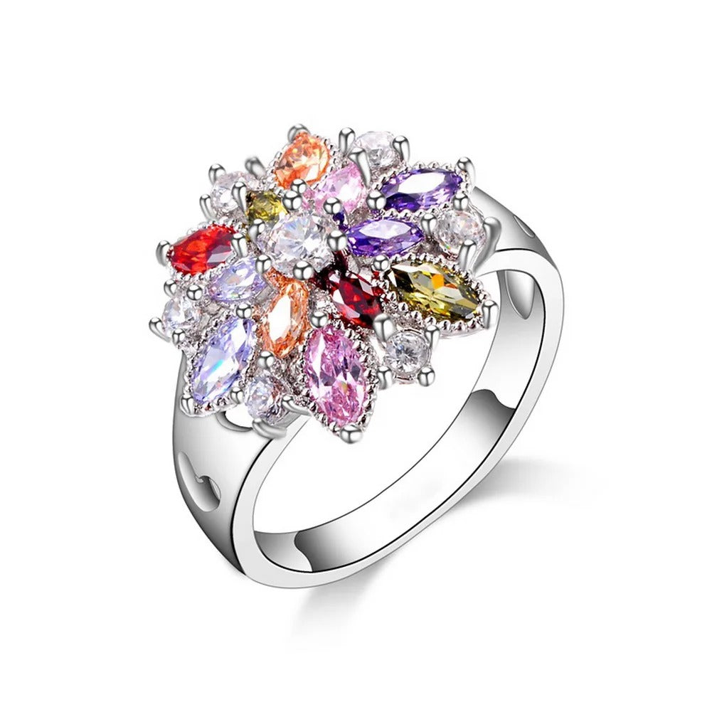925 Sterling Silver Flower CZ Ring Colorful Party Jewelry for Women
