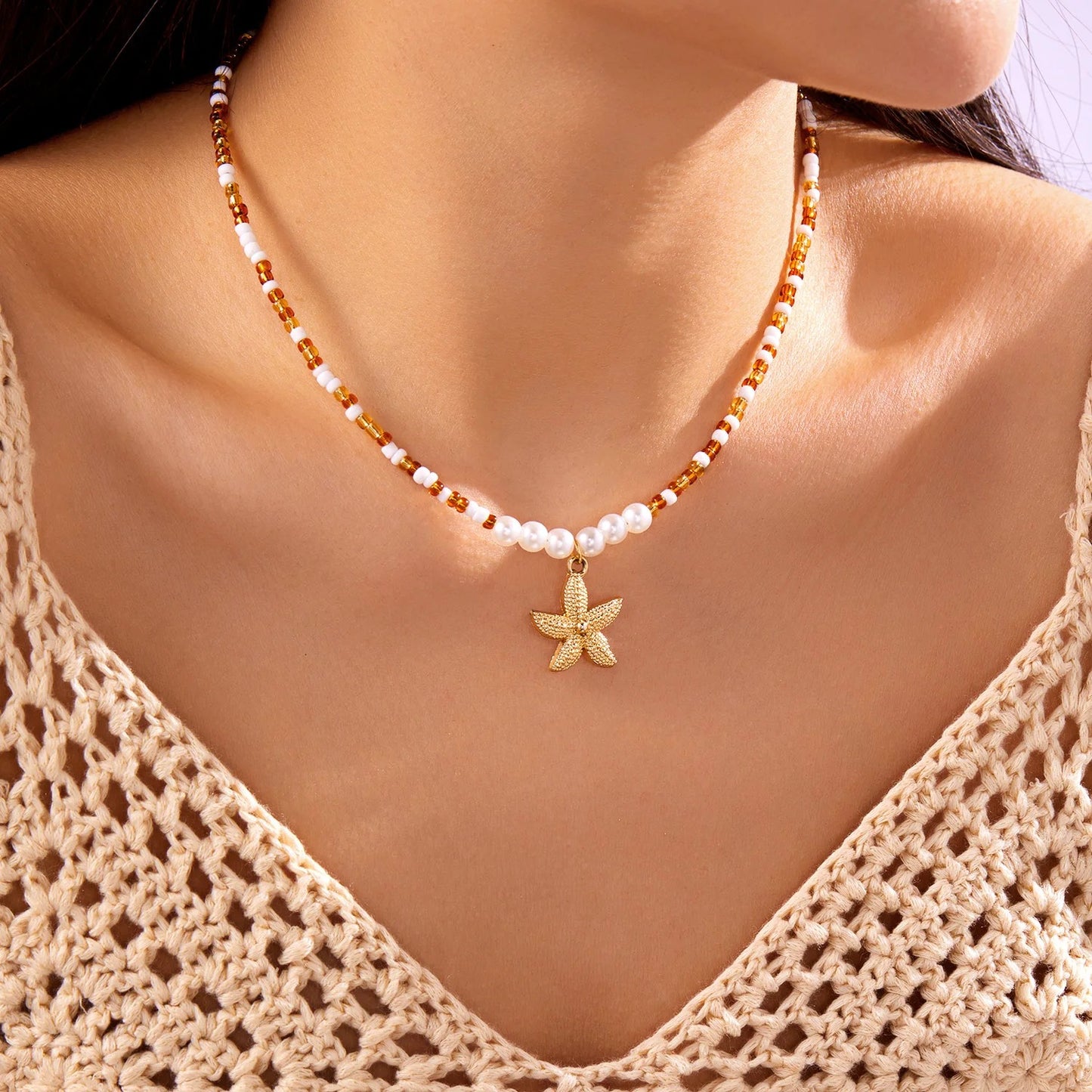 Handmade Starfish Pendant Necklace Rice Beads Pearl Choker for Women