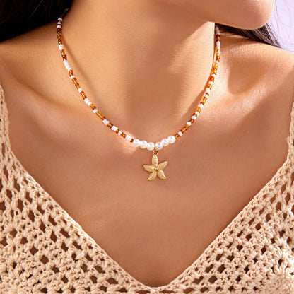 Handmade Starfish Pendant Necklace Rice Beads Pearl Choker for Women
