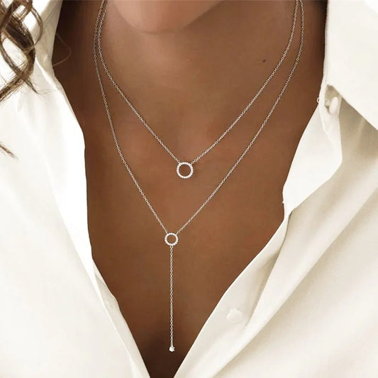 Silver Double-Deck Circle Zircon Pendant Long O-Chain Choker Necklace 2025 Spring Women Wedding Fine Jewelry