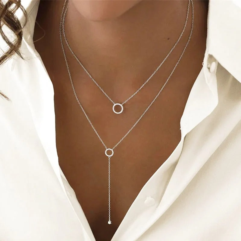 Silver Double-Deck Circle Zircon Pendant Long O-Chain Choker Necklace 2025 Spring Women Wedding Fine Jewelry