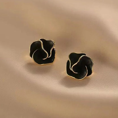 Black Enamel Flower Stud Earrings for Women Folded Unique Design Multi-layers Floral Female Small Earrings 2025New Brincos
