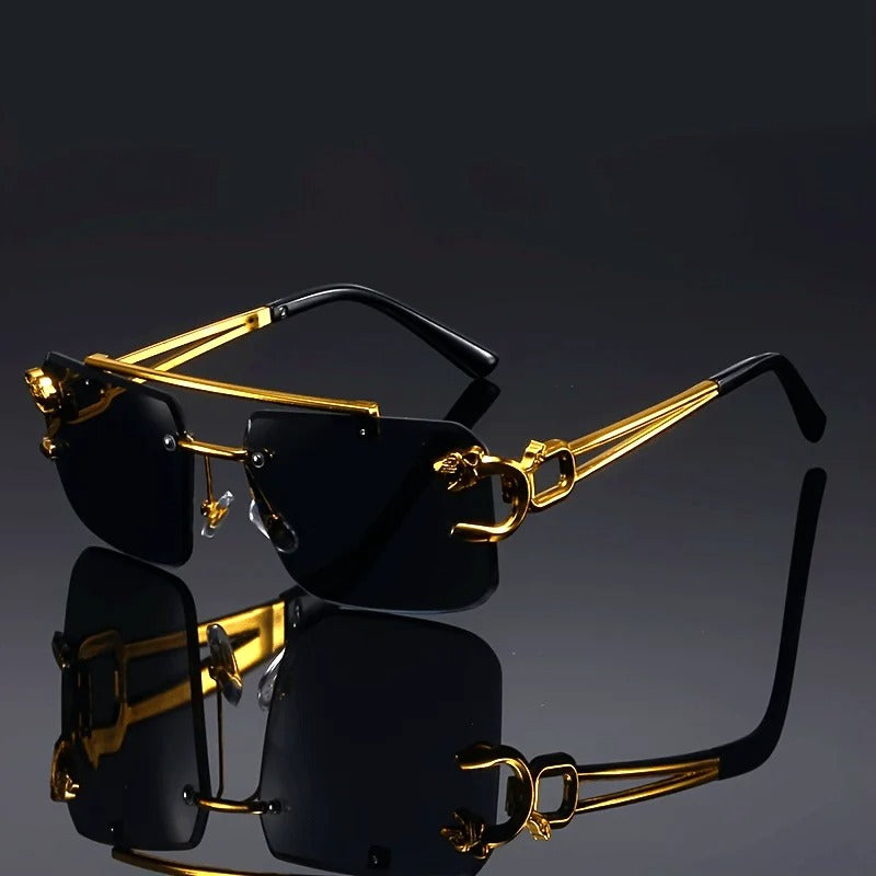 Vintage Luxury Golden Frameless Sunglasses Cool Tiger Stand Detail Unisex Anti Glare Travel Eyewear