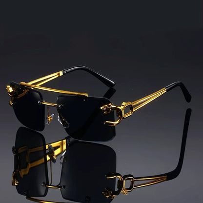 Vintage Luxury Golden Frameless Sunglasses Cool Tiger Stand Detail Unisex Anti Glare Travel Eyewear
