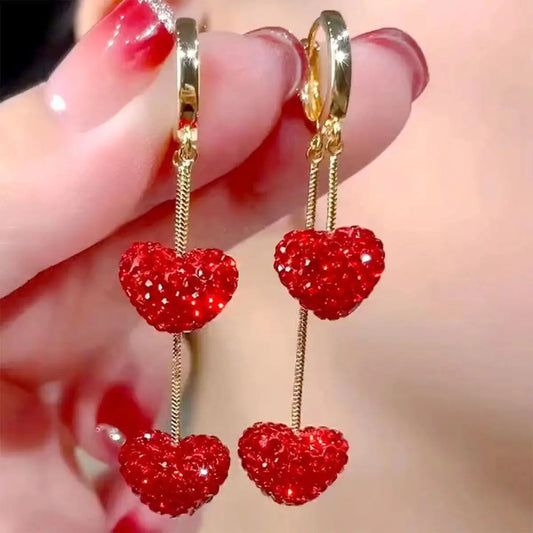 2Pcs Red Heart Zircon Dangle Earrings Women Party Jewelry
