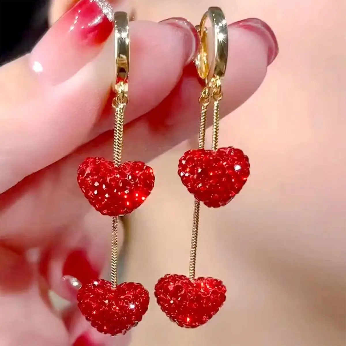 2 Pcs Exquisite Red Heart Sweet Cute Personality Zircon Gold Color Dangle Earrings Women Daily Party Gift Jewelry