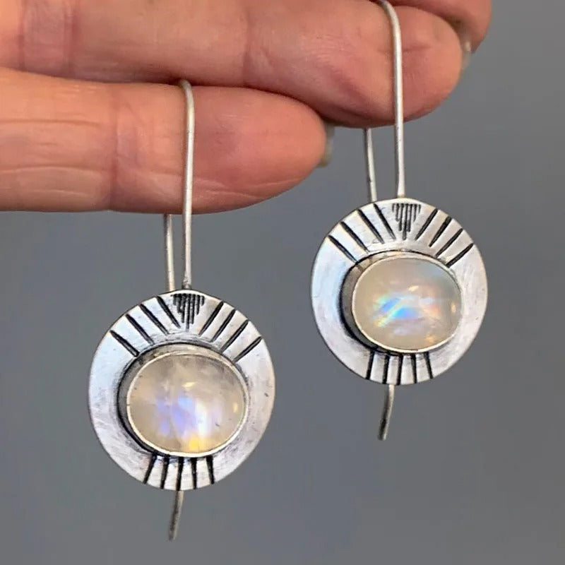 Ancient Round White Moonstone Earrings Tribal Jewelry Vintage Silver Color Metal Long Dangle Earrings for Women