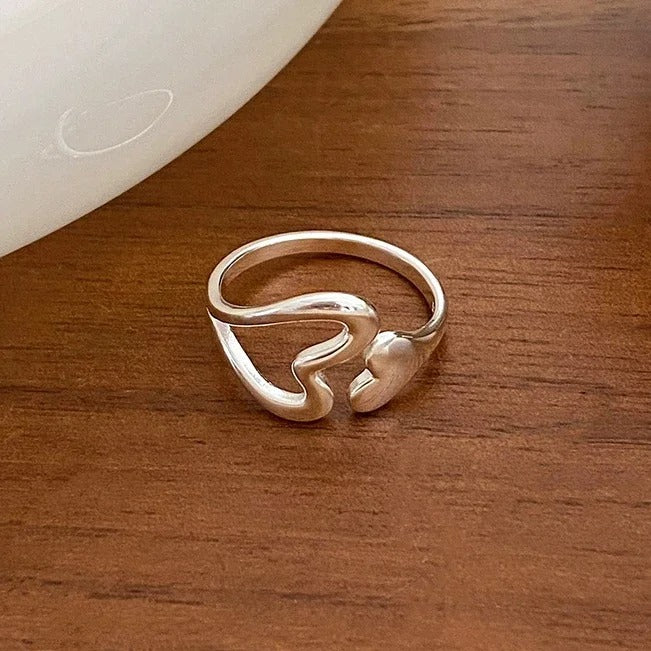 Real 925 Sterling Silver Hollow Heart Opening Adjustable Rings for Women Cute Fine Jewelry Minimalist Asymmetric Accessories