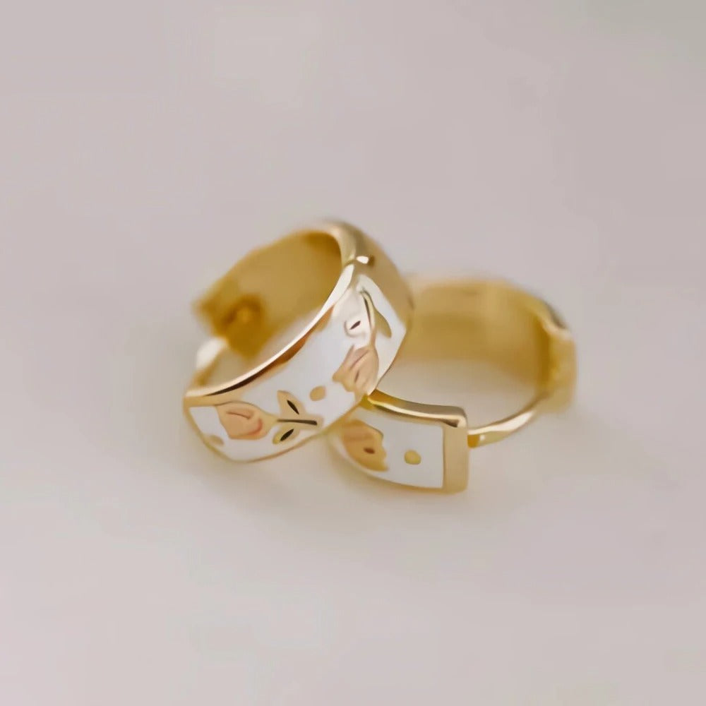 White & Pink Tulip Hoop Earrings Gold Plated Floral Jewelry