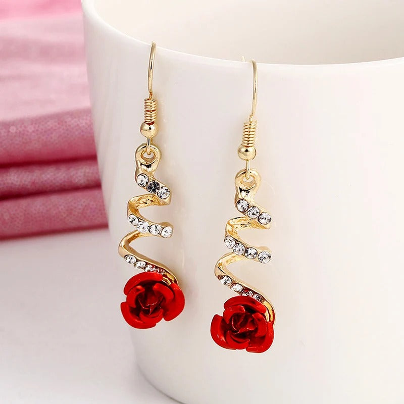 New Fashion Jewelry Red Rose Drop Earrings Women Vintage Rhinestone Flowers Dangle Earring Weddings  Jewelry