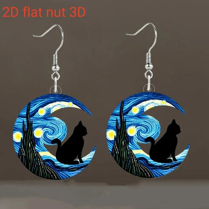 Van Gogh Starry Sky Acrylic Earrings – Moon & Black Cat Design for Women