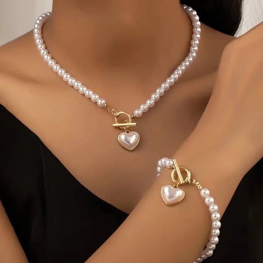 2Pcs Pearl Jewelry Set for Women Imitation Pearl Necklace Bracelet with Heart Pendant for Daily Wear