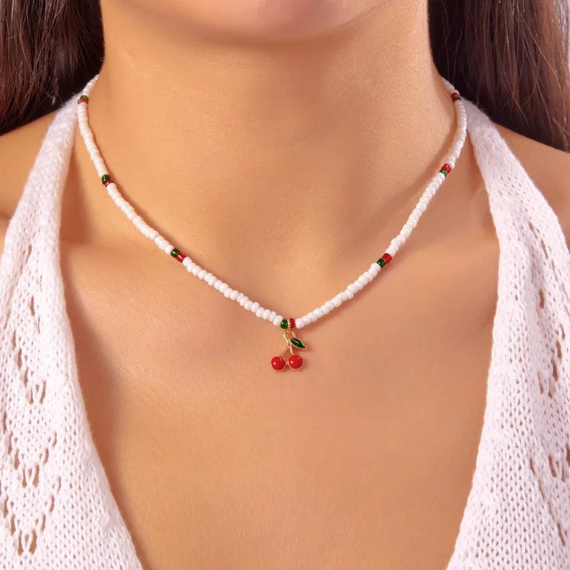 Long Way New Summer Lovely Rice Beaded Beaded Necklace Fresh with Strawberry Cherry Necklace Women