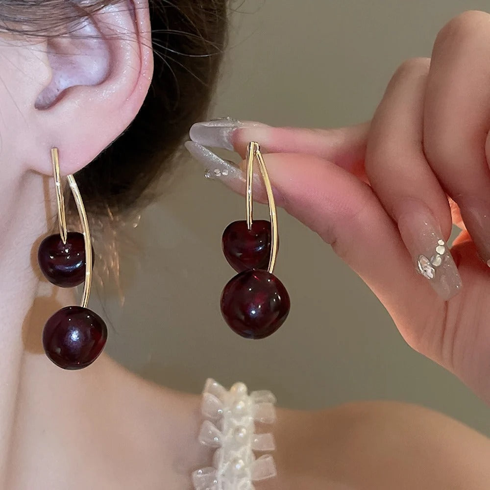 Retro Dark Red Cherry Drop Earrings Simple Fruit Earring For Women Fashion Party Jewelry Trend Accessories Gift