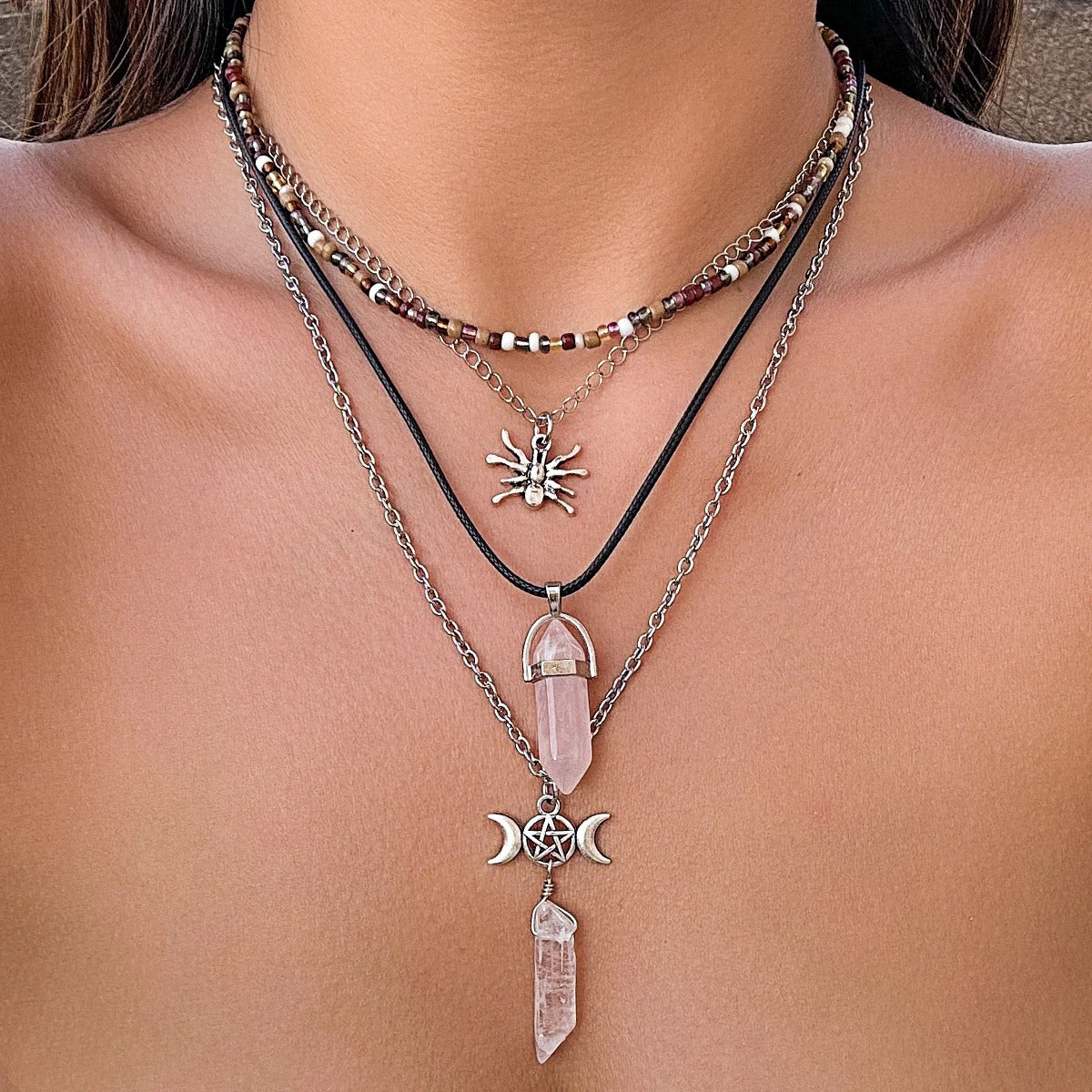 Mixed Color Beaded Necklace Women Gothic Metal Spider Pendant