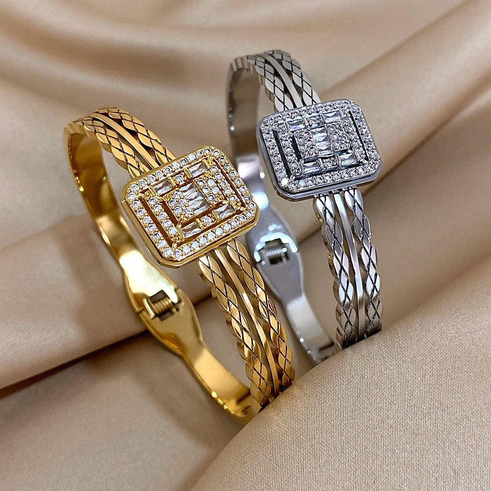 Gold-Plated Chunky Stainless Steel Cuff Rhinestone Multilayer Bracelet