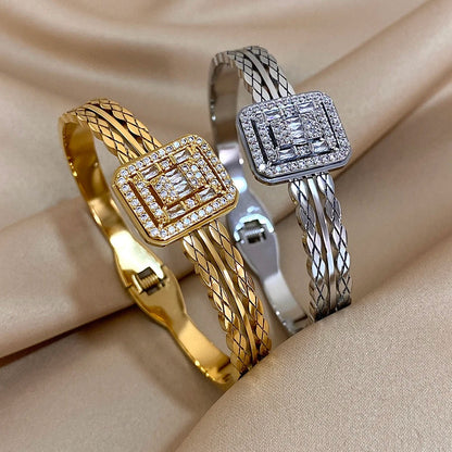Gold-Plated Chunky Stainless Steel Cuff Rhinestone Multilayer Bracelet