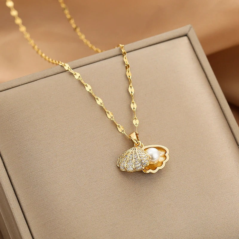 Summer Fashion Crystal Zircon Shell Imitation Pearl Pendant Necklace For Women Collar Beach Neck Jewelry