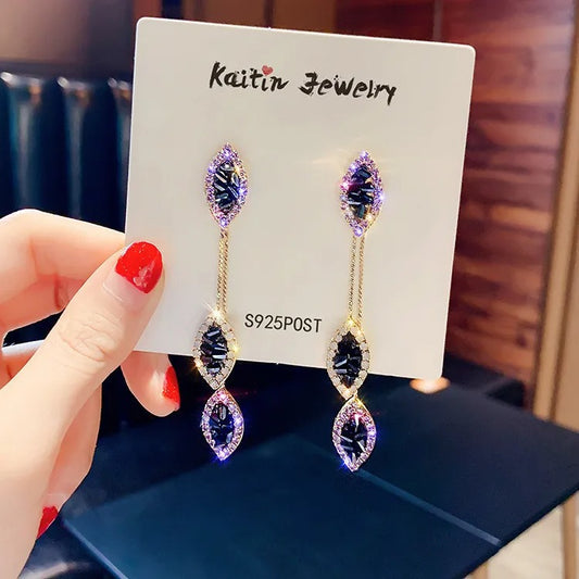 Long Tassel Leaf Drop Earrings for Women Purple Crystal Dangle Jewelry Gift