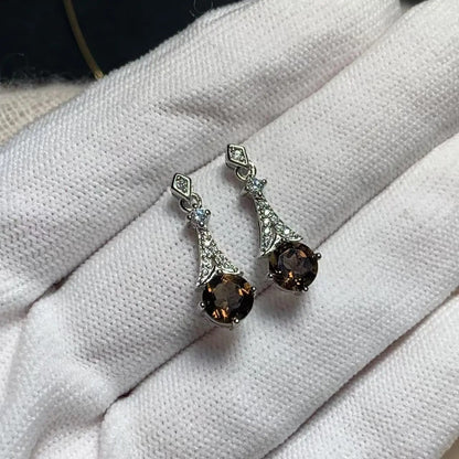 Natural Smoky Quartz Stud Earrings 925 Sterling Silver Women