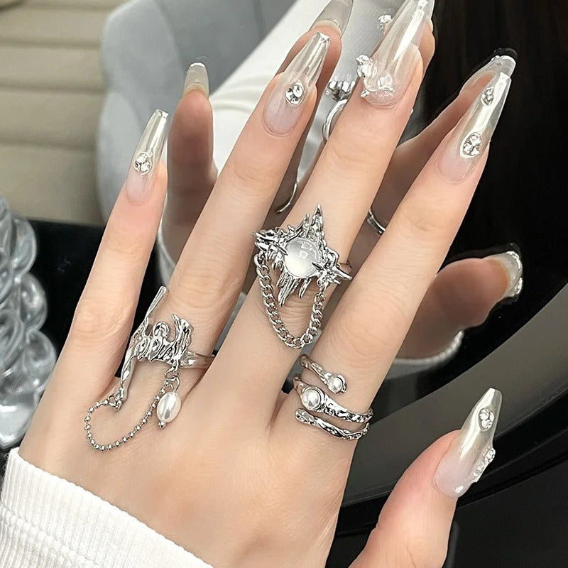 Vintage Irregular Pearl Open Ring for Women Men Sliver Color Crystal Adjustable Couple Rings Jewelry Gifts