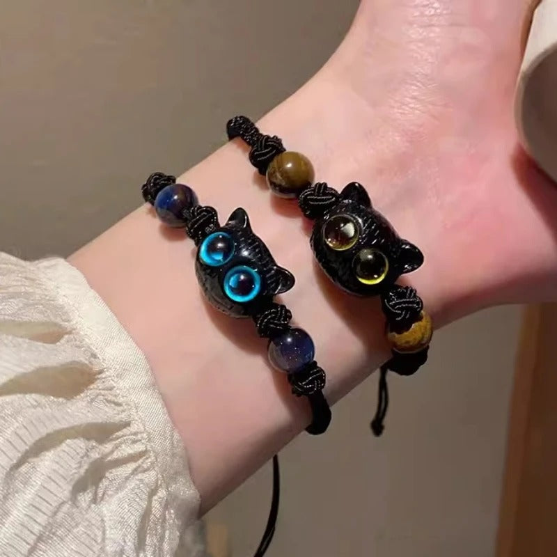 2PCS Black Cat Beaded Bracelets Women Men Handmade Jewelry