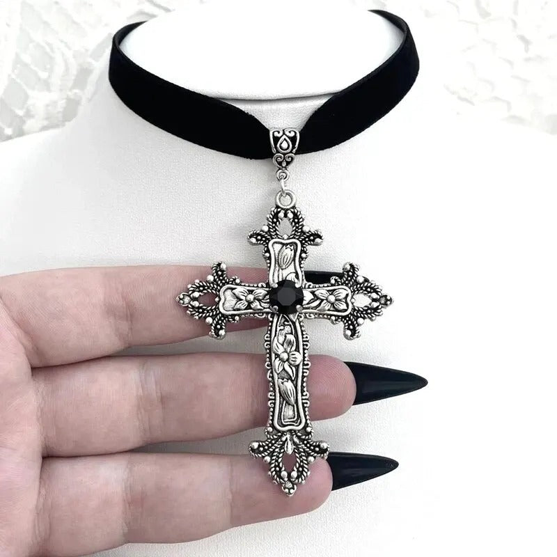 Gothic Cross Shaped Black Velvet Necklace Elegant Women