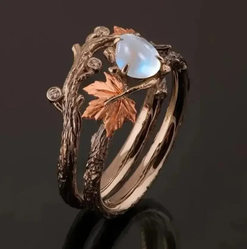 Vintage Golden Branch Maple Leaf Ring Double Layer Light Luxury Niche Design Ring Love Day Mother's Day Festival Gift