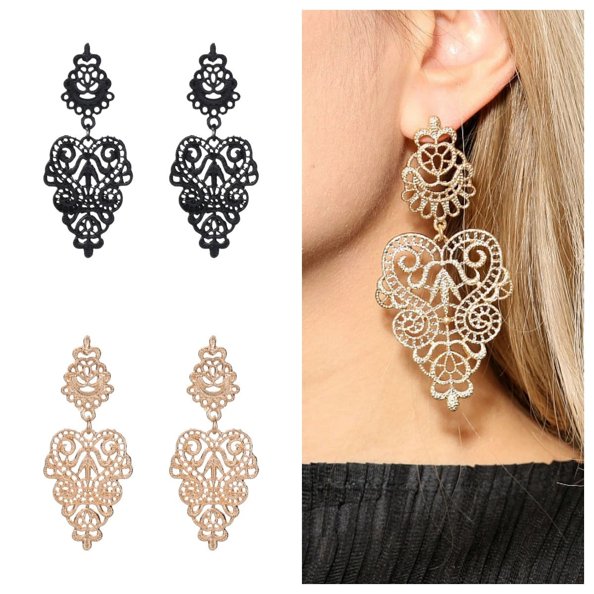 Hollow Carved Flower Drop Earrings for Women Black Gold Statement Jewelry