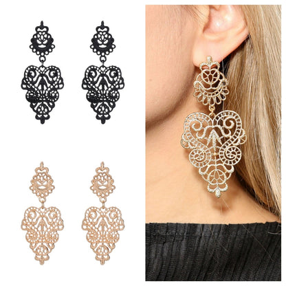 Hollow Carved Flower Drop Earrings for Women Black Gold Statement Jewelry