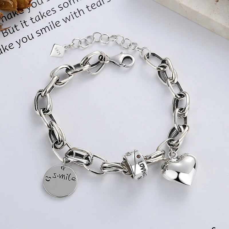 Silver Bracelet for Women Vintage Geometric Heart Love Lucky Punk Jewelry Valentine's Day Birthday Gift