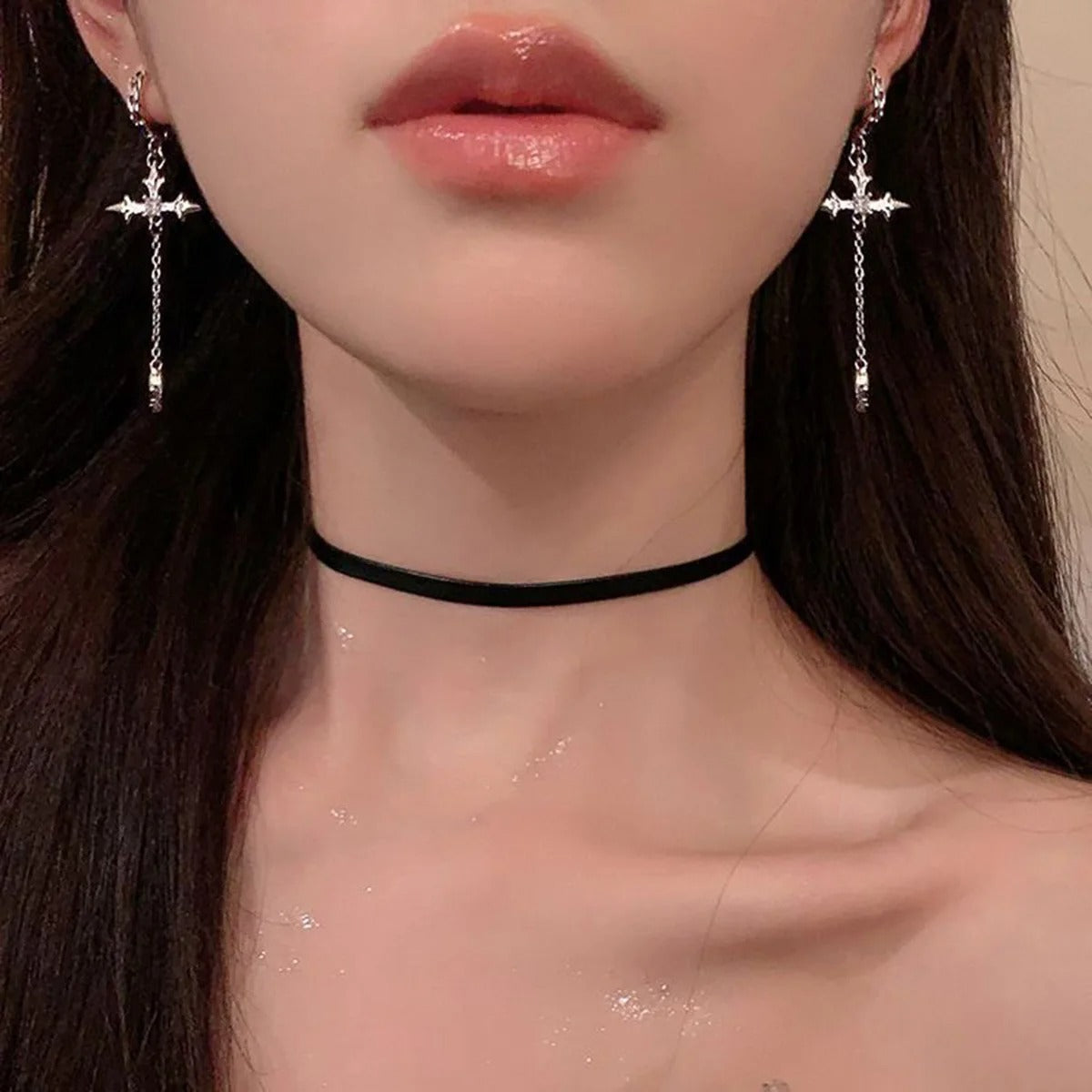 Cool Cross Earrings Rhinestone Zircon Long Tassel Y2K Jewelry for Girls