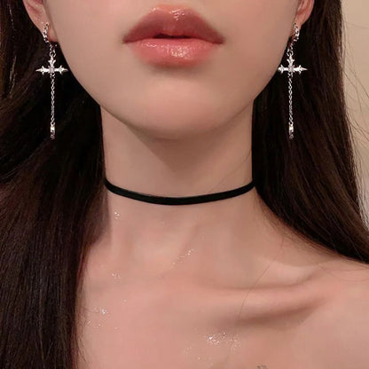 Cool Cross Earrings Rhinestone Zircon Long Tassel Y2K Jewelry for Girls