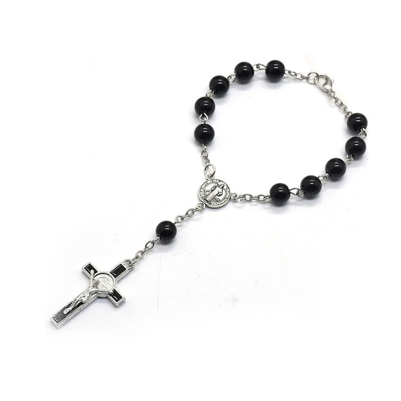 Exquisite Rosary Cross Bracelet Black Glass Beads Catholic Jewelry