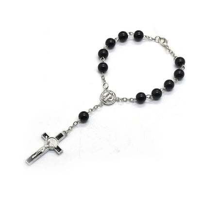 Exquisite Rosary Cross Bracelet Black Glass Beads Catholic Jewelry