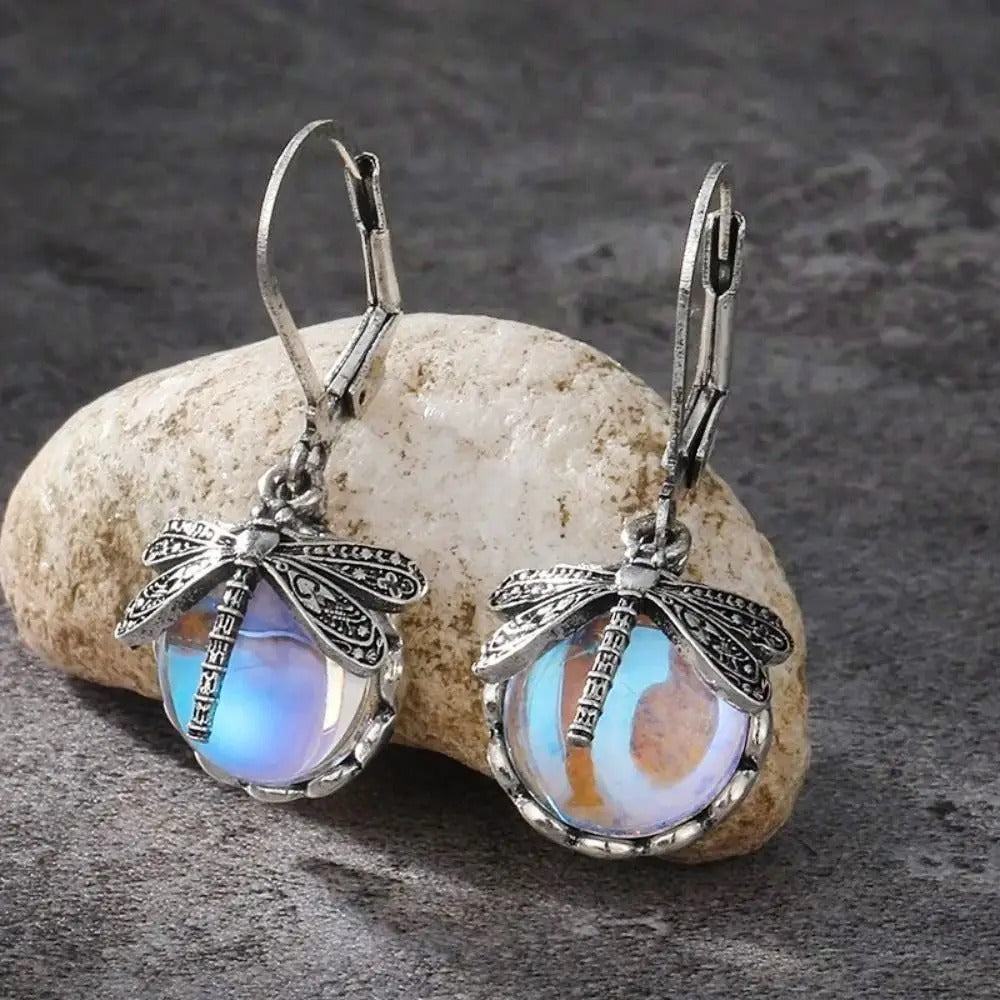 Metal Dragonfly Pendant Earrings Creative Carving Pattern Vintage Drop Earrings Inlaid Moonstone Drop Earrings Women