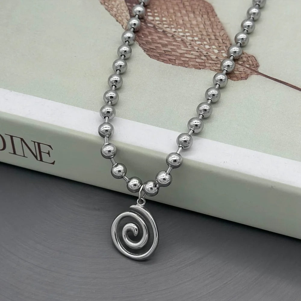 Y2K Stainless Steel Beads Chain Spiral Vortex Pendant Choker Necklace for Women Men Punk Grunge Aesthetic Necklace Jewelry