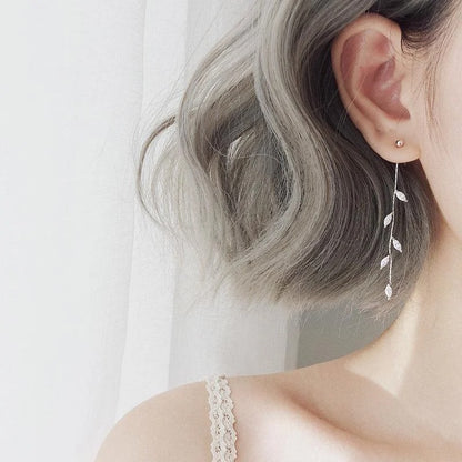 Silver Plated Leaf Tassel Earrings Long Drop Fashion Jewelry
