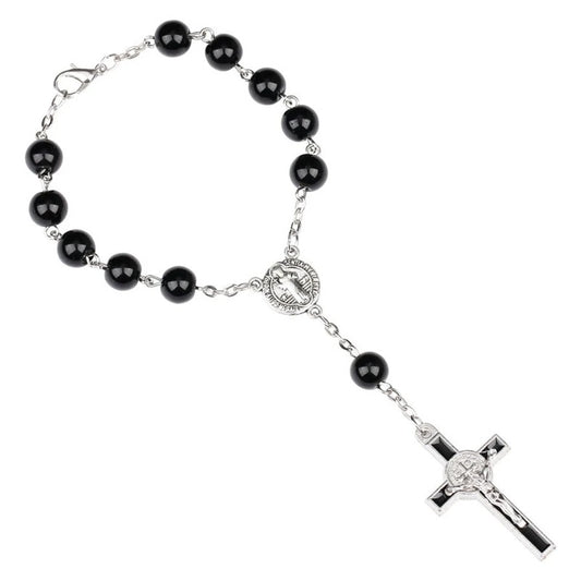 Black Glass Pearl Rosary Cross Beaded Bracelet Gifts Religious Jewelry