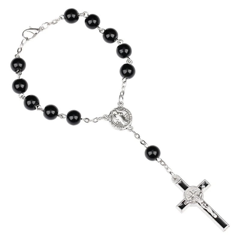 Black Glass Pearl Rosary Cross Beaded Bracelet Gifts Religious Jewelry