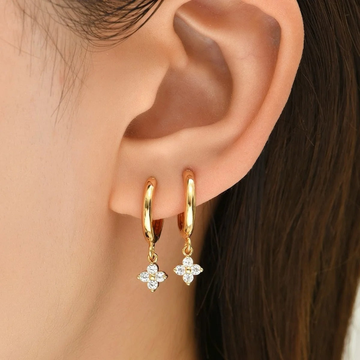 Women’s Zircon Flower Pendant Hoop Earrings Simple Stainless Steel