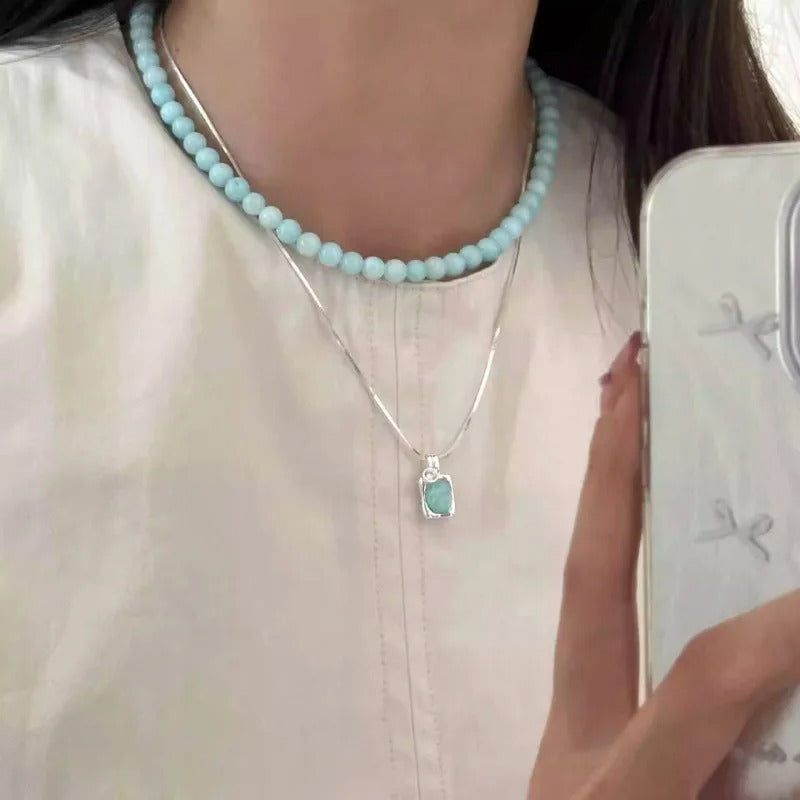 Mint Green Stone Necklace for Women Geometry Block Sweet Design Special Jewelry Gift
