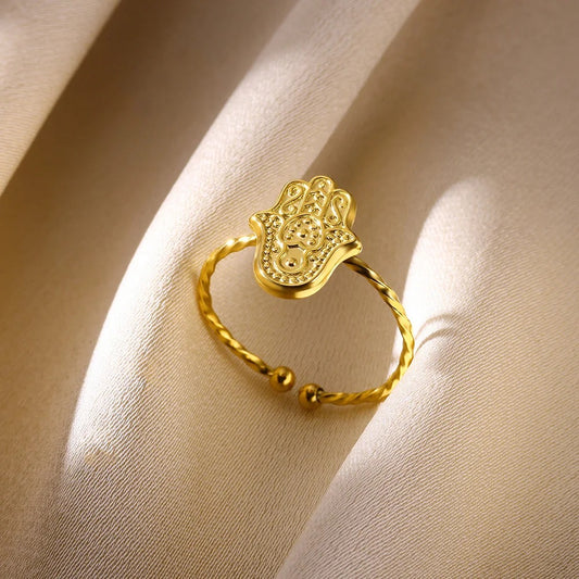 Gold Hamsa Hand Stainless Steel resizable Ring inspired Palm Jewelry for Women and Girls