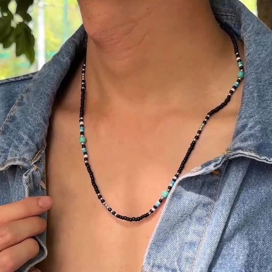 Synthetic Turquoise Necklaces for Men Boys,Mini Black Beaded Necklaces,Summer Beach Male Jewelry