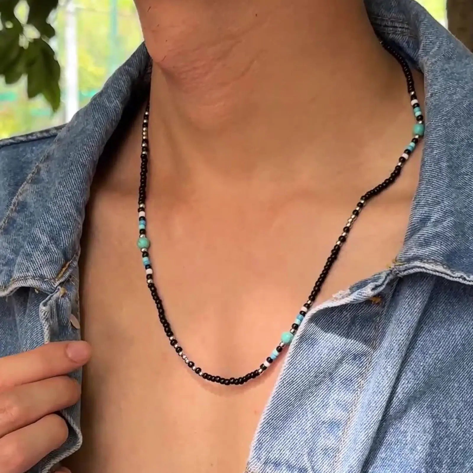 Synthetic Turquoise Necklaces for Men Boys,Mini Black Beaded Necklaces,Summer Beach Male Jewelry