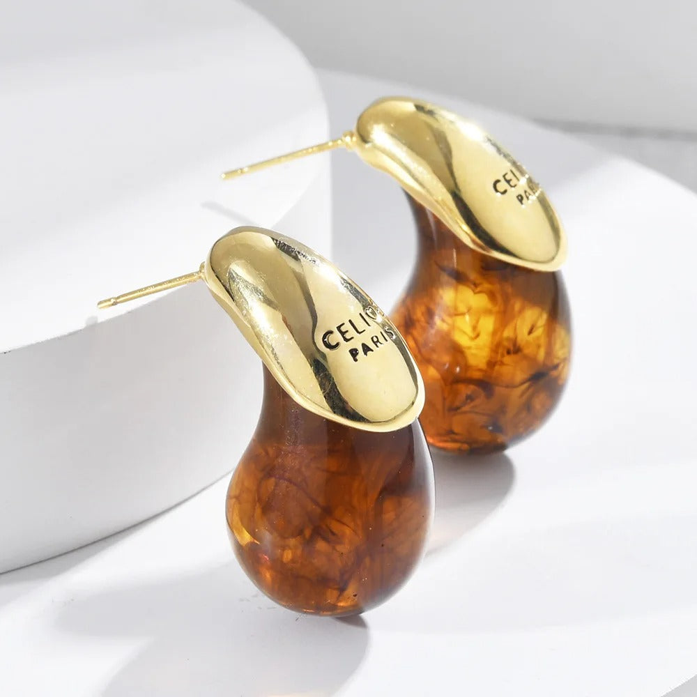 Water Drop Brown Resin Stud Earrings Vintage Dome Copper Gold Plated Earring for Women Girls Teardrop Ear Cuffs