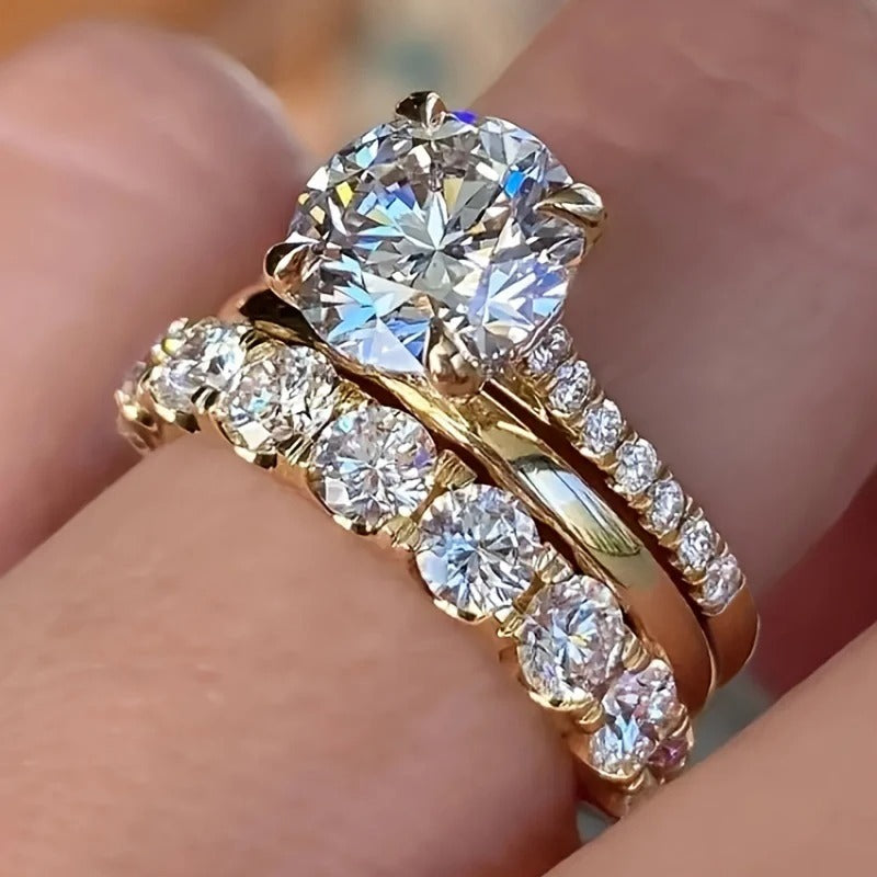 Gorgeous 3Pcs Set of Rings Female Luxury Shiny Round Zirconia Finger Jewelry Fashion Gold Color Accessories for Wedding
