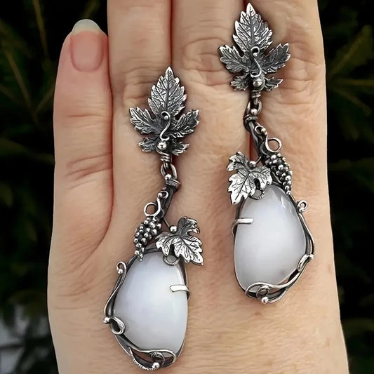 Vintage White Stone Water Drop Earrings Silver Leaf Dangle for Women