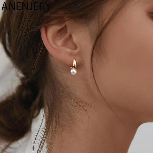 ANENJERY Imitation Pearl Hoop Earrings for Women Elegant Round Wedding Party Jewelry