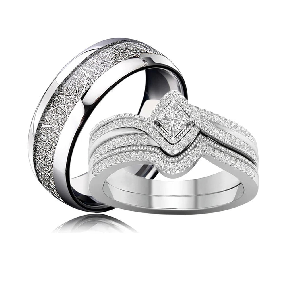 Silver Couple Rings Set with Zircon for Men & Women
